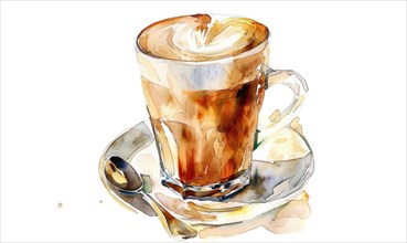 Watercolor illustration of a latte with foam art AI generated