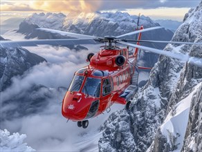 Ein roter Hubschrauber fliegt ueber verschneite Berggipfel, umgeben von Nebelschwaden,