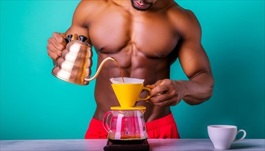 Shirtless toned african man pouring coffee from a kettle into a filter on a blue background,