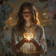 Artistic depiction of a woman with a shimmering heart in her hands, AI generated