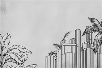Monochrome line art of a cityscape with tropical plant silhouettes, illustration, AI generated
