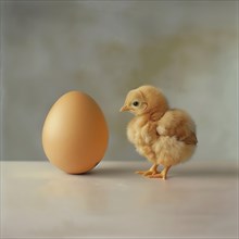 A small chick stands next to an egg in front of a pastel-coloured background, AI generated