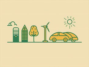Illustration of an electric car in a green cityscape with renewable energy icons, illustration, AI