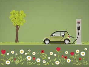 Serene scene of an electric car charging next to a tree and flower bed in a green environment,