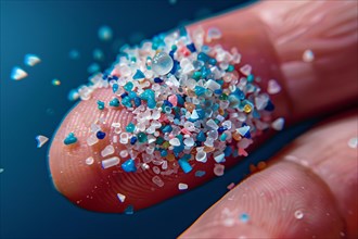 Small micro plastic particles on fingertip. KI generiert, generiert, AI generated