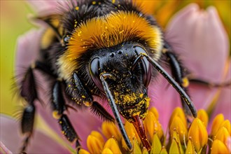 Bumblebee collecting pollen from flowers. KI generiert, generiert, AI generated