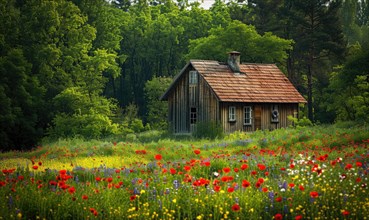 A charming cottage nestled amidst a field of spring wildflowers AI generated