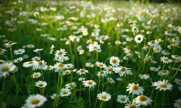 Chamomile plant growing in a garden, spring nature background AI generated
