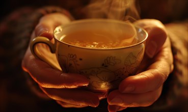 Hands holding a cup of steaming tea, close up view AI generated