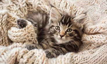 Maine Coon kitten curled up in a cozy knitted blanket AI generated