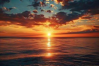 A mesmerizing view of the sun setting over a calm ocean, casting a golden glow that illuminates the
