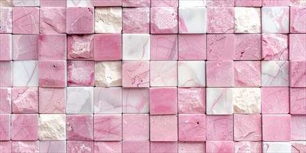Wall with square shaped white and pink stone cubes. KI generiert, generiert, AI generated