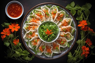 Elegant Gourmet Goi Cuon with Fresh Herbs, Dipping Sauce, and Vibrant Flowers, AI generated