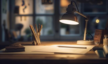 Graphite pencils and white paper illuminated by the soft glow of a desk lamp AI generated