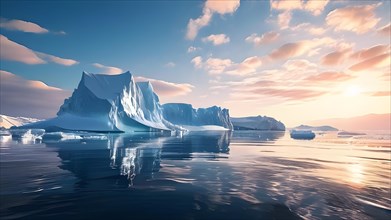 Antarctic ice shelf stretching to the horizon juxtaposed by towering icebergs, AI generated