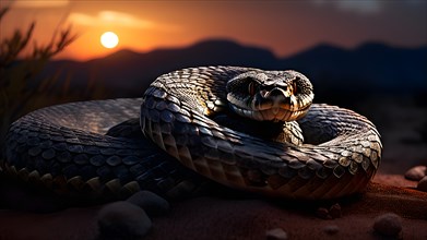 Rattlesnake coiled poised to strike in the silent mojave night, AI generated