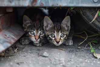 Stray kittens hiding under object. KI generiert, generiert, AI generated