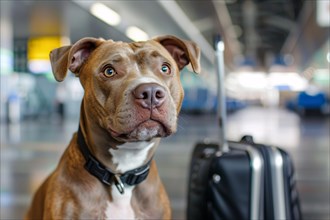 Traveling with a Pit Bull terrier. Dog with luggage in background at airport or train station. KI