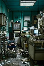 Abondened hospital cluttered room filled with discarded obsolete medical equipment, AI generated,