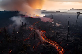 Charred tree skeletons in a smoke filled landscape remnants of a forest fire ignited by lava flow,
