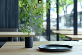 Modern cafe interior with a plant on a wooden table next to a black plate, AI generated