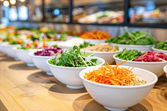 A selection of colorful, fresh salads arranged on a buffet table, AI generated