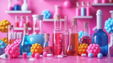 Chemical models and various glassware in a lab setup with bright colored liquids, ai generated, AI