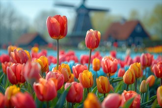 Selective focus on red tulips with traditional Dutch windmill in background, AI generated