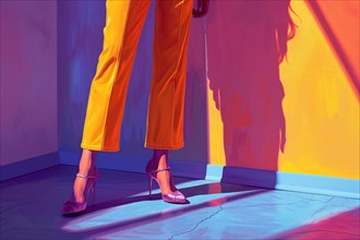A model in vibrant yellow trousers and purple heels posing in a room with colorful shadows, AI