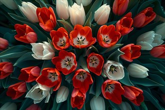 Close-up of vibrant red and white tulips with dark background, AI generated