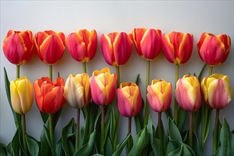 A symmetrical arrangement of alternating red and yellow tulips against a neutral wall, AI generated