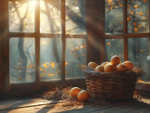 A wicker basket filled with eggs placed on a wooden surface near a sunny window, AI generiert, AI