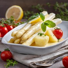 An appetising dish of white asparagus with potatoes, refined with herbs and a creamy sauce,