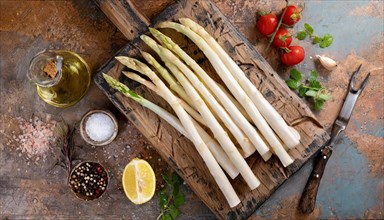 White asparagus on a rustic background with olive oil, lemon wedge and spices, fresh white