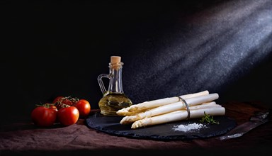Asparagus spears next to olive oil and tomatoes staged with dramatic lighting, AI generated, AI