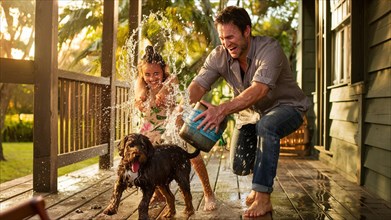 A joyful family plays with their dog, splashing water on a sunny porch at home, AI generated