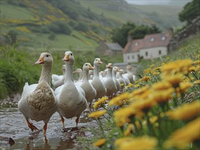 Geese walking along a riverbed surrounded by yellow flowers with a village in the background, AI