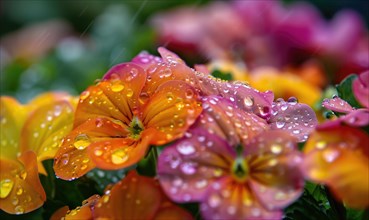 Raindrops falling on colorful spring flowers in a garden AI generated