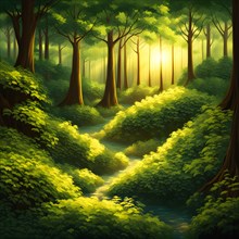 AI generated illustration of tranquil woodland composition awash in layers of diverse green tones
