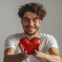 Young man with curly hair holds a red heart in his hands, laughing, AI generated
