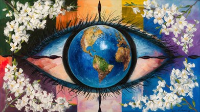 Surreal painting of the Earth within an eye surrounded by white flowers, AI generated