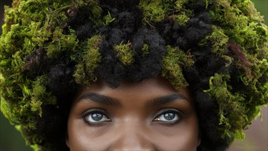 Portrait of a woman with brown eyes and afro hair covered in moss, giving a neutral expression,