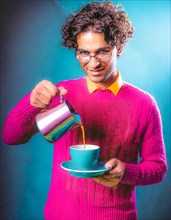 Happy young individual in vibrant clothes pouring coffee indoors, Vertical aspect ratio, AI