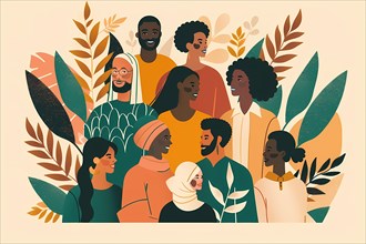 Art of a diverse group of people surrounded by leaves and smiling together, illustration, AI