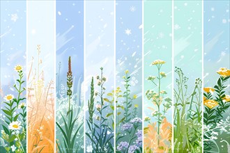 Four vertical panels representing different seasons with respective flowers and weather,