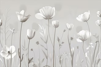Delicate monochrome poppies blossoming in a serene floral composition, illustration, AI generated