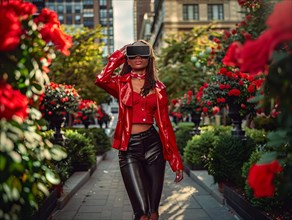 Fashionable woman in a red leather jacket and VR headset walking through an urban garden, AI