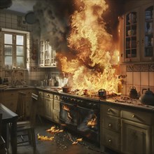 Flames consume a cooker in a kitchen, threatening atmosphere, AI generated