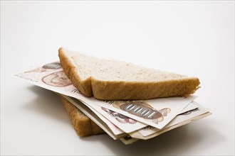 Close-up of whole wheat bread half sandwich stuffed with foreign paper currency bank notes on white