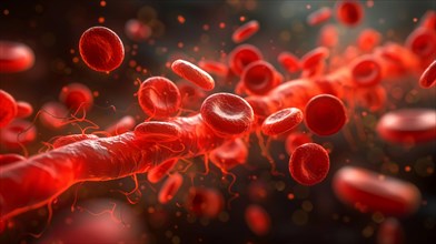 Detailed microscopic view of red blood cells with a sense of motion, ai generated, AI generated